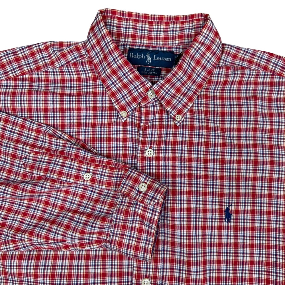 Ralph Lauren Blake Mens XL Red Blue Plaid Cotton Button Down Long Sleeve Shirt